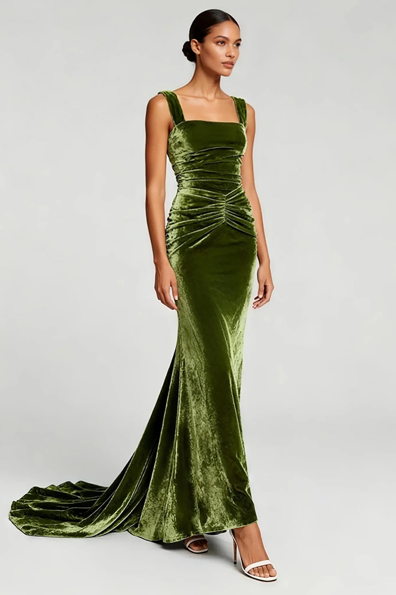 Load image into Gallery viewer, Simple Olive Velvet Mermaid Ruched Long Formal Dress