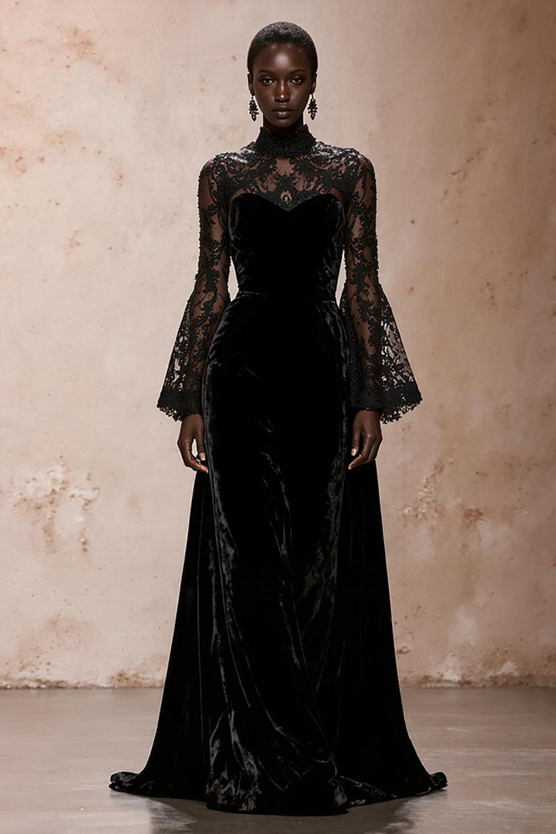 Load image into Gallery viewer, Black Velvet High Neck Sheath Lace Long Sleeves Holiday Party Dress
