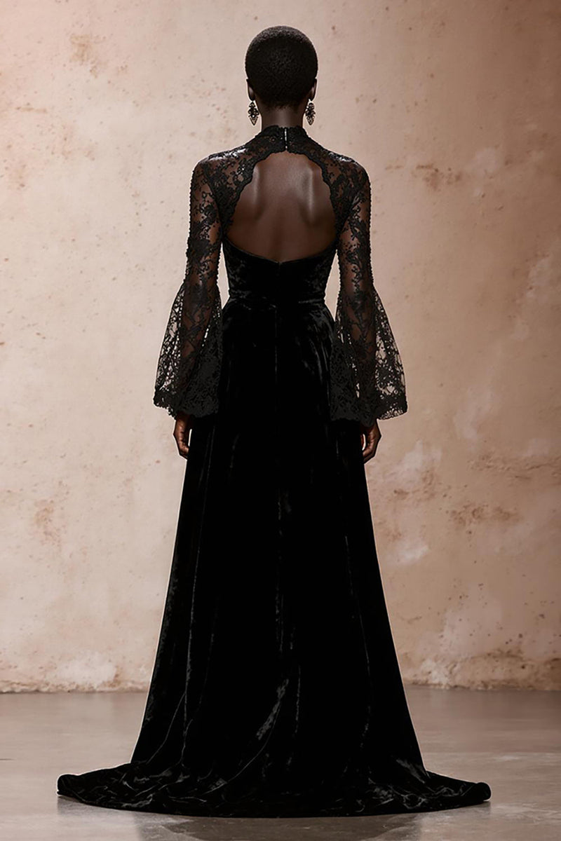 Load image into Gallery viewer, Black Velvet High Neck Sheath Lace Long Sleeves Holiday Party Dress