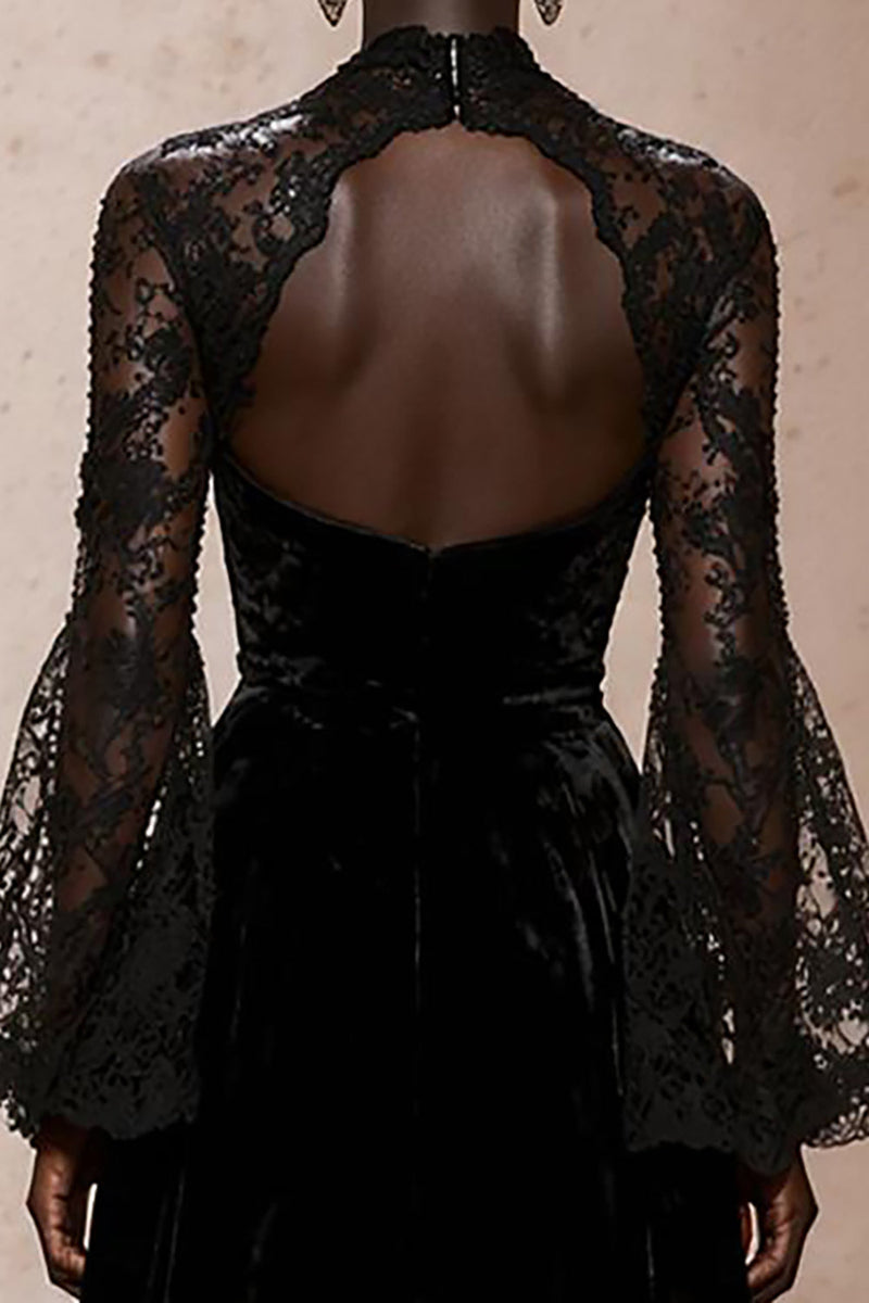 Load image into Gallery viewer, Black Velvet High Neck Sheath Lace Long Sleeves Holiday Party Dress