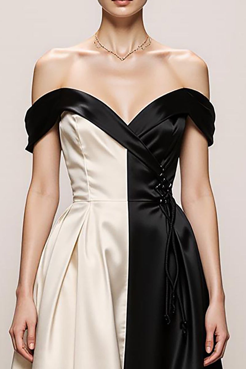 Queendancer Women Black and White Satin Long Formal Dress A Line