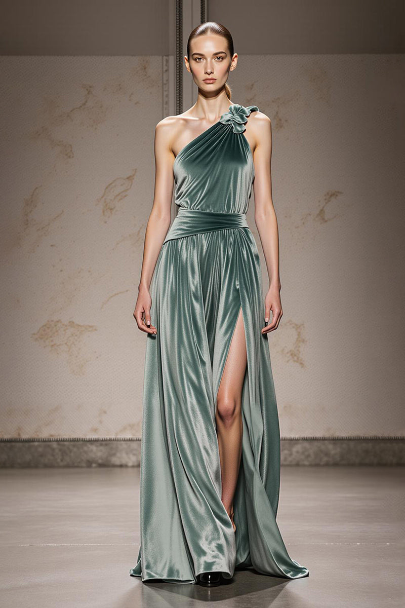 Load image into Gallery viewer, Mint Green One Shoulder Velvet Long Formal Dress with Slit