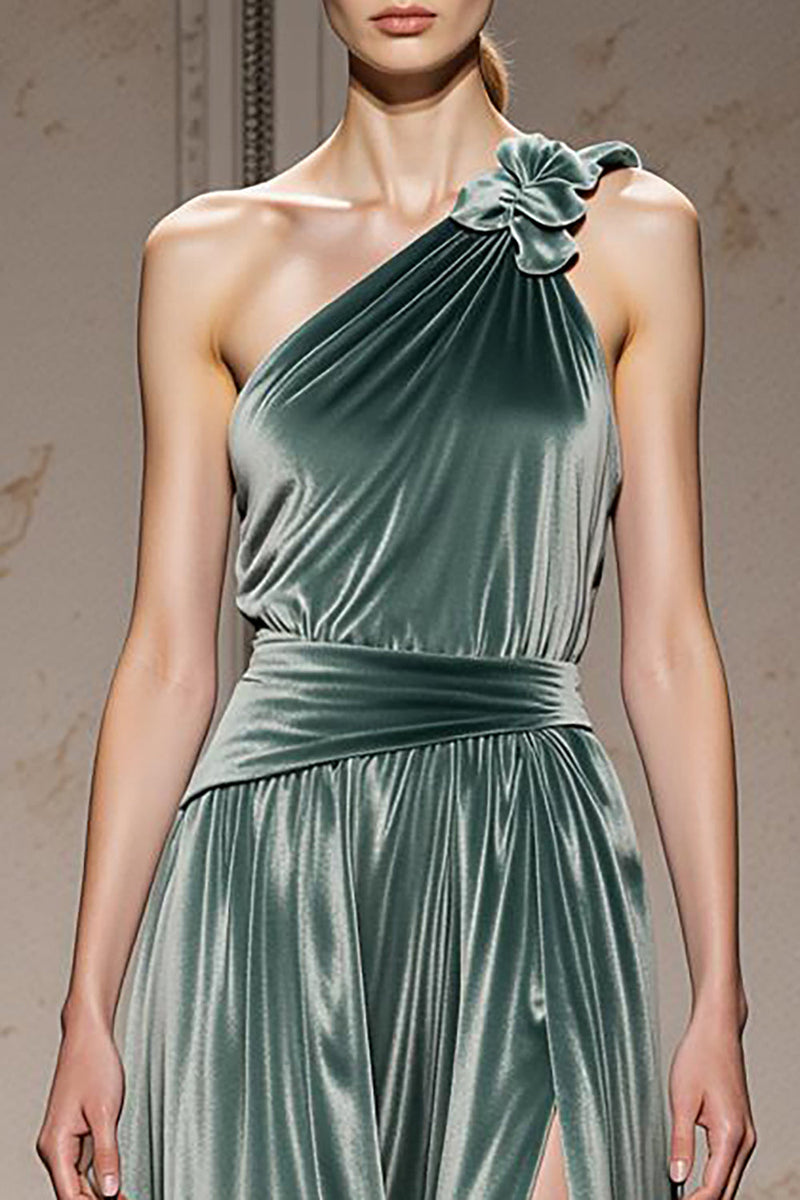 Load image into Gallery viewer, Mint Green One Shoulder Velvet Long Formal Dress with Slit