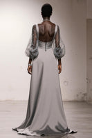 Load image into Gallery viewer, Simple Silver Sheath Satin Long Formal Dress with Sleeves