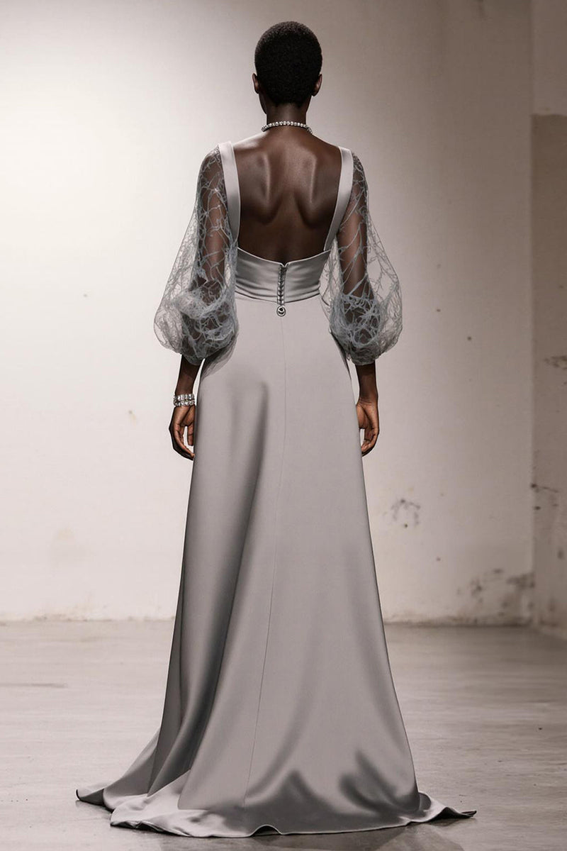 Load image into Gallery viewer, Simple Silver Sheath Satin Long Formal Dress with Sleeves