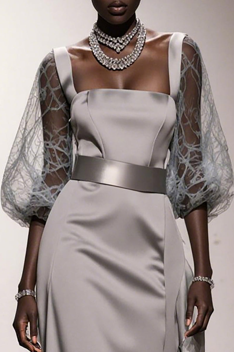 Queendancer Women Simple Silver Satin Long Formal Dress with Sleeves