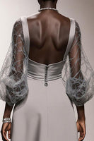 Load image into Gallery viewer, Simple Silver Sheath Satin Long Formal Dress with Sleeves