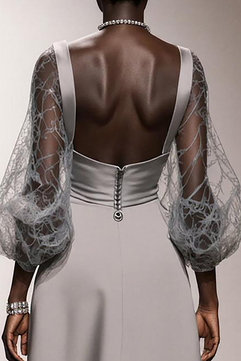 Load image into Gallery viewer, Simple Silver Sheath Satin Long Formal Dress with Sleeves