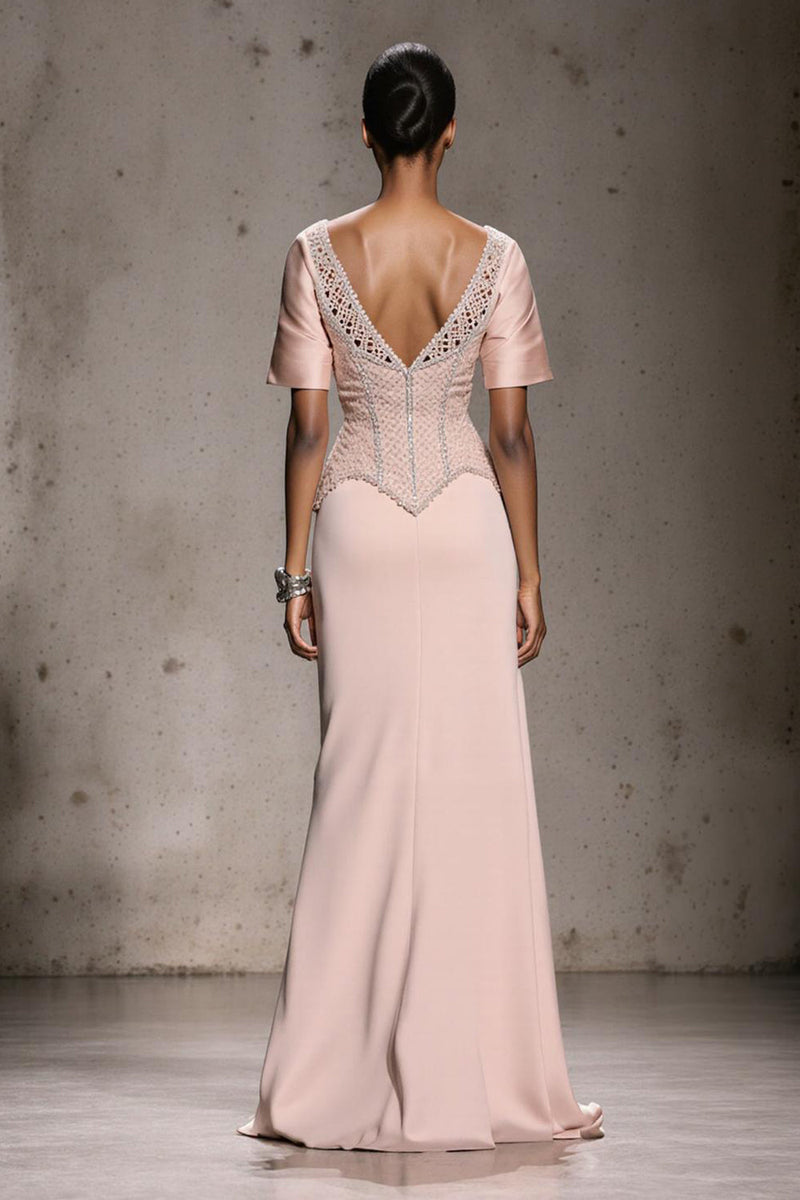 Load image into Gallery viewer, Sparkly Light Pink Mermaid Beaded Long Formal Dress with Slit