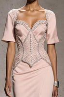 Load image into Gallery viewer, Sparkly Light Pink Mermaid Beaded Long Formal Dress with Slit