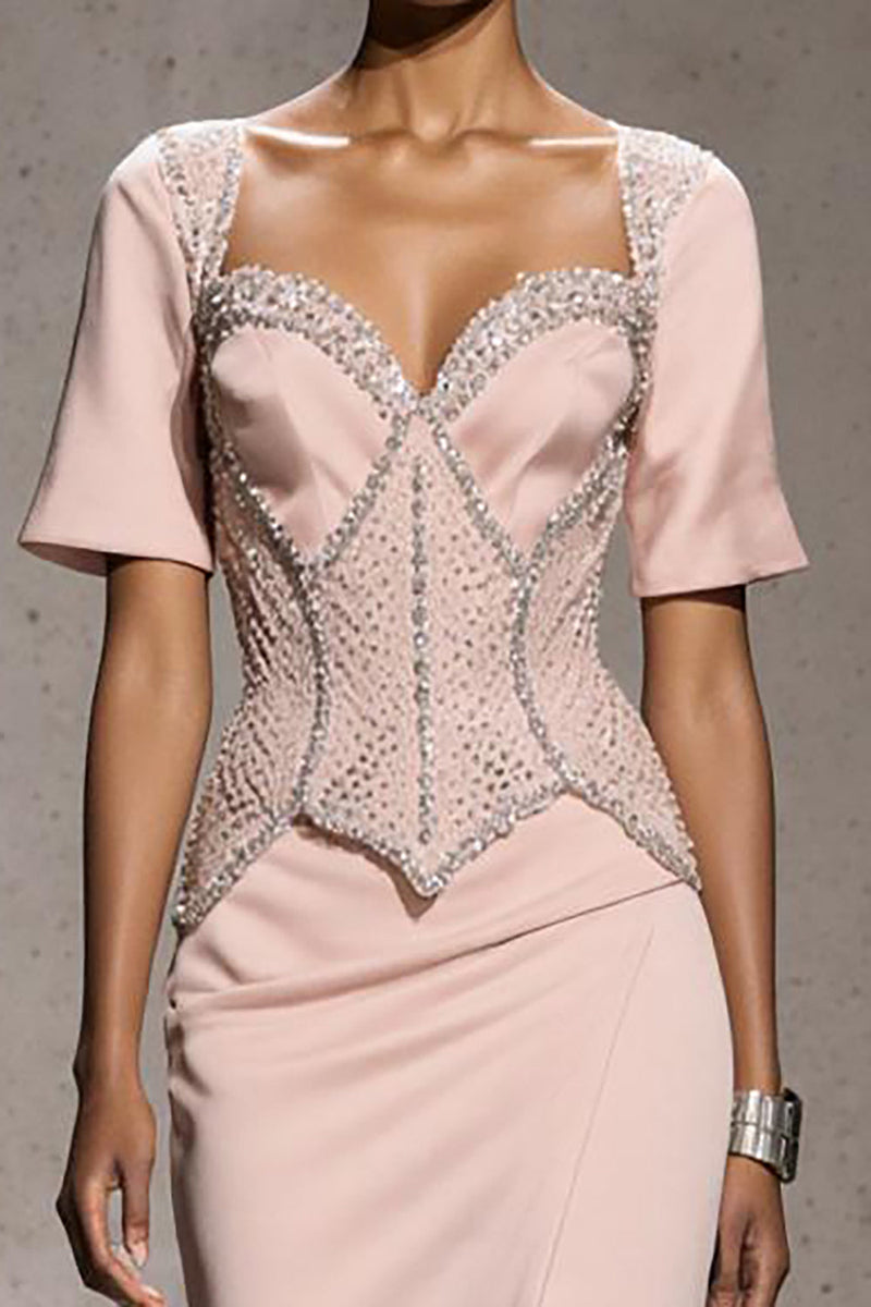 Load image into Gallery viewer, Sparkly Light Pink Mermaid Beaded Long Formal Dress with Slit