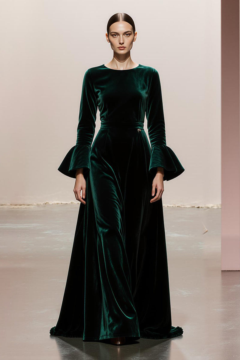 Load image into Gallery viewer, Dark Green Velvet A Line Round Neck Long Sleeves Formal Dress