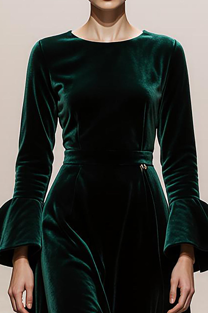 Load image into Gallery viewer, Dark Green Velvet A Line Round Neck Long Sleeves Formal Dress