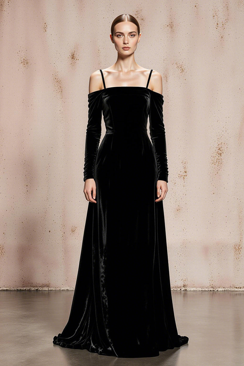 Load image into Gallery viewer, Black Velvet Cold Shoulder Long Formal Dress with Sleeves