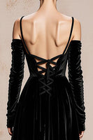 Load image into Gallery viewer, Black Velvet Cold Shoulder Long Formal Dress with Sleeves