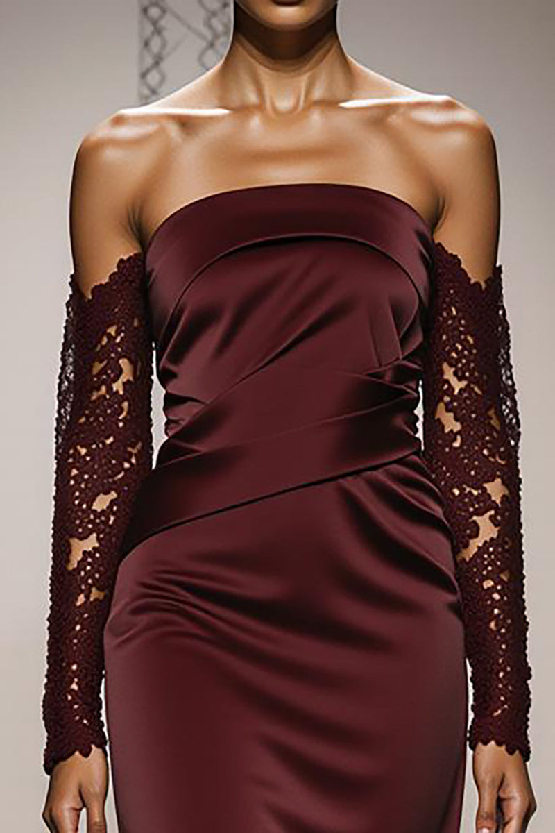 Load image into Gallery viewer, Burgundy Mermaid Off the Shoulder Satin Long Formal Dress with Lace