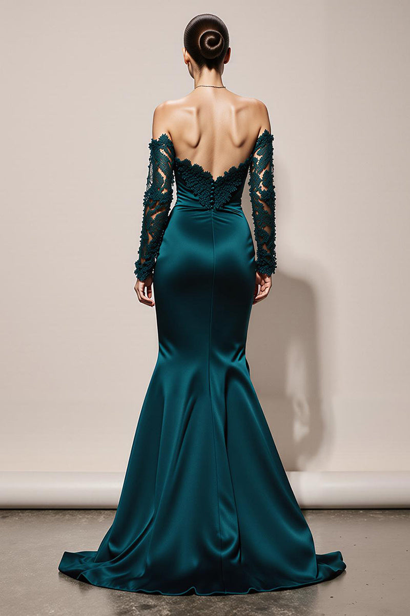 Load image into Gallery viewer, Peacock Green Mermaid Off the Shoulder Long Formal Dress with Lace