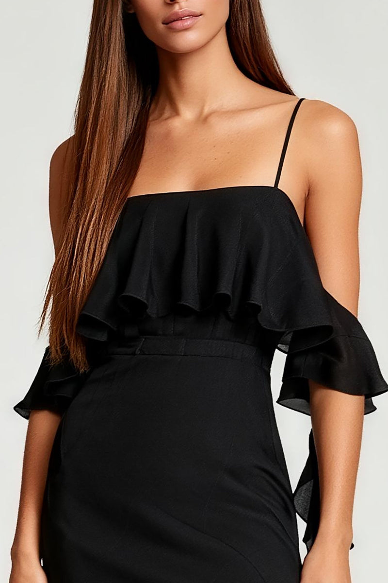 Load image into Gallery viewer, Black Chiffon Cold Shoulder Tight Short Cocktail Dress with Ruffles