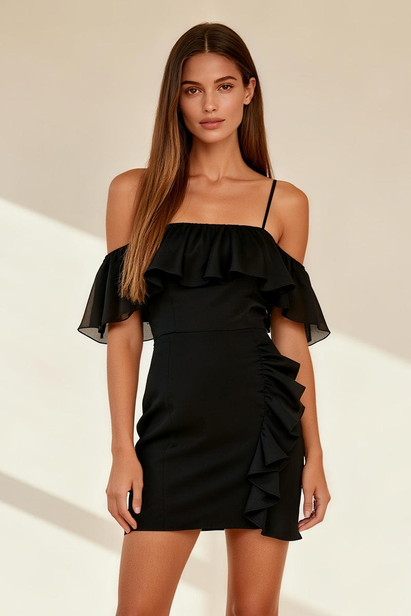 Load image into Gallery viewer, Black Bodycon Ruffled Cold Shoulder Short Cocktail Dress