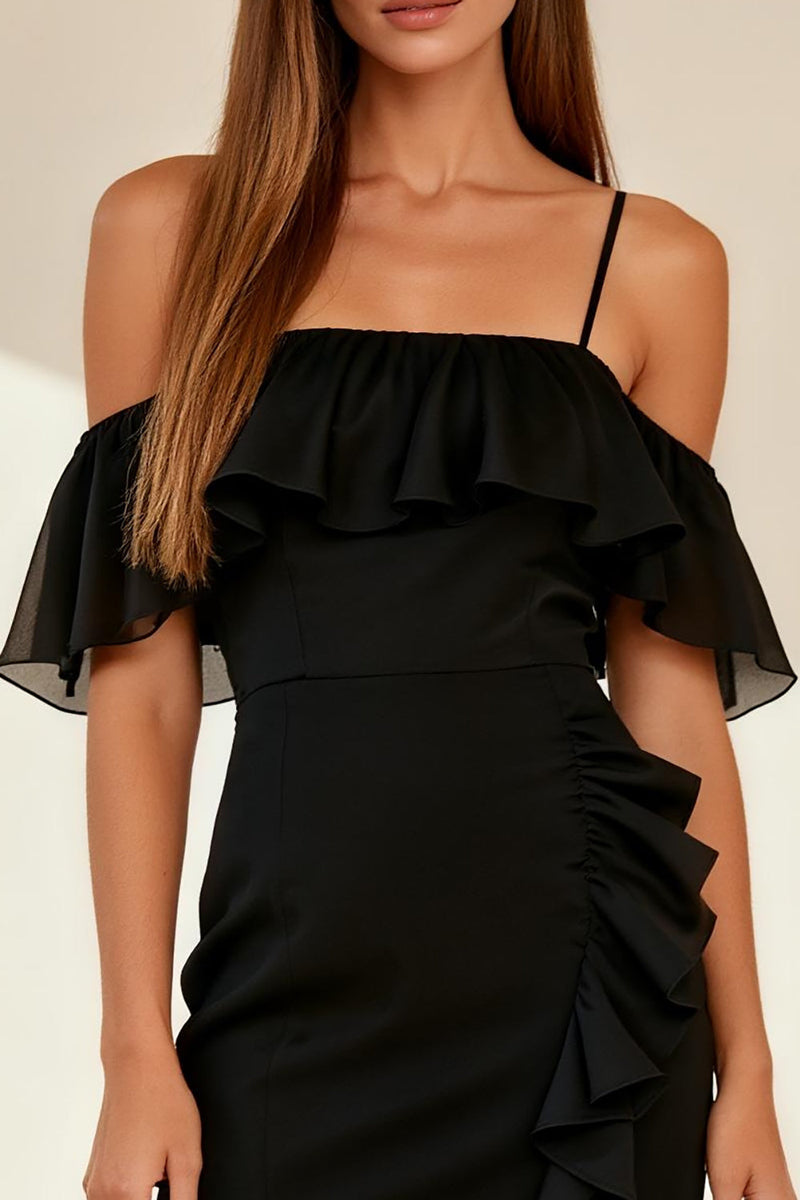 Load image into Gallery viewer, Black Bodycon Ruffled Cold Shoulder Short Cocktail Dress