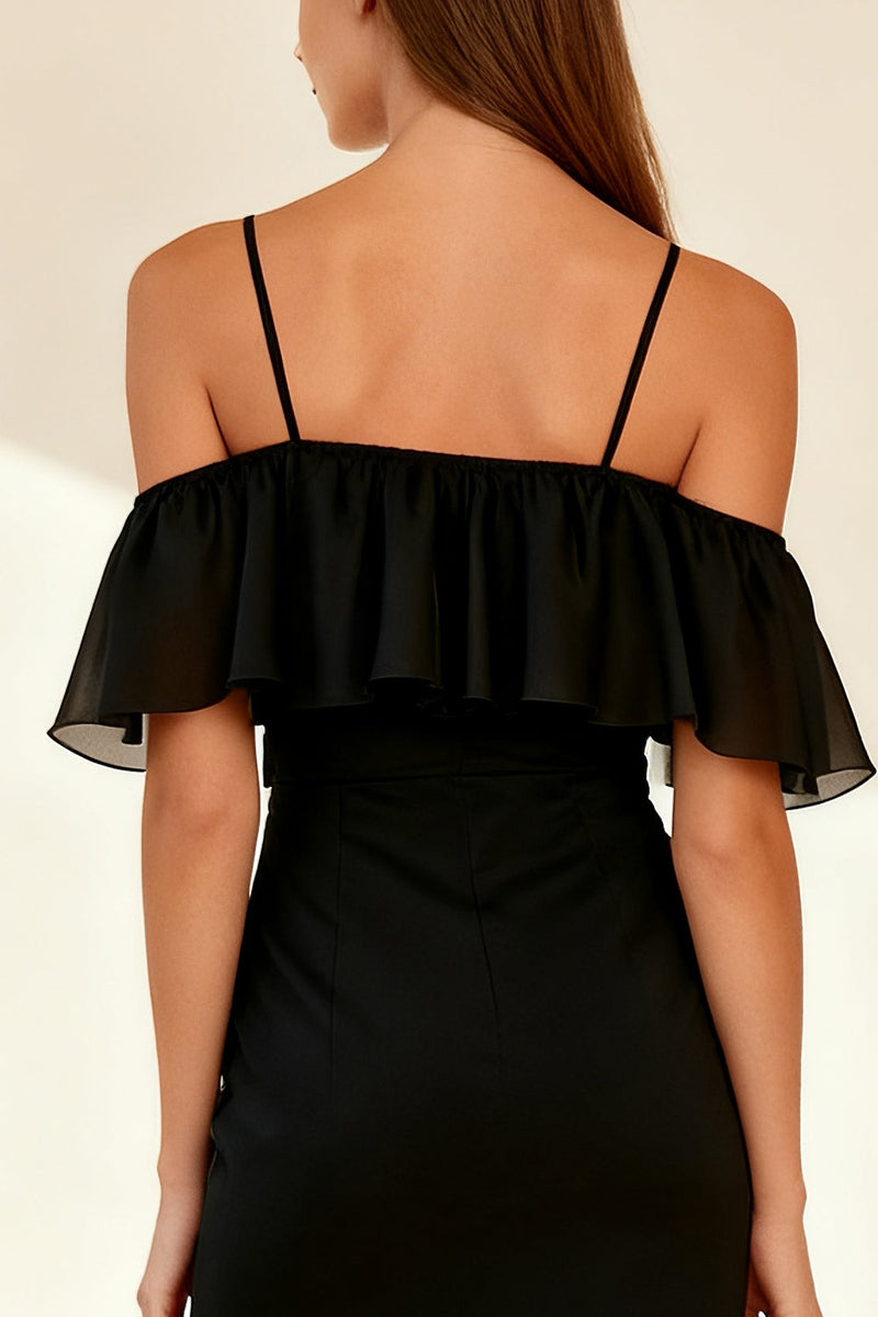 Load image into Gallery viewer, Black Bodycon Ruffled Cold Shoulder Short Cocktail Dress