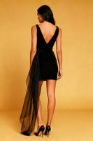 Load image into Gallery viewer, Black Velvet Cowl Neck Bodycon Short Cocktail Dress with Side Cape
