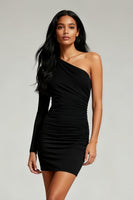 Load image into Gallery viewer, Black Tight One Shoulder Short Cocktail Dress with Sleeves