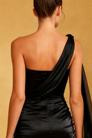 Load image into Gallery viewer, Black Satin Tight One Shoulder Short Cocktail Dress with Cape