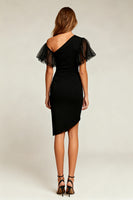 Load image into Gallery viewer, Black Tight Ruched Asymmetrical Short Cocktail Dress with Sleeves