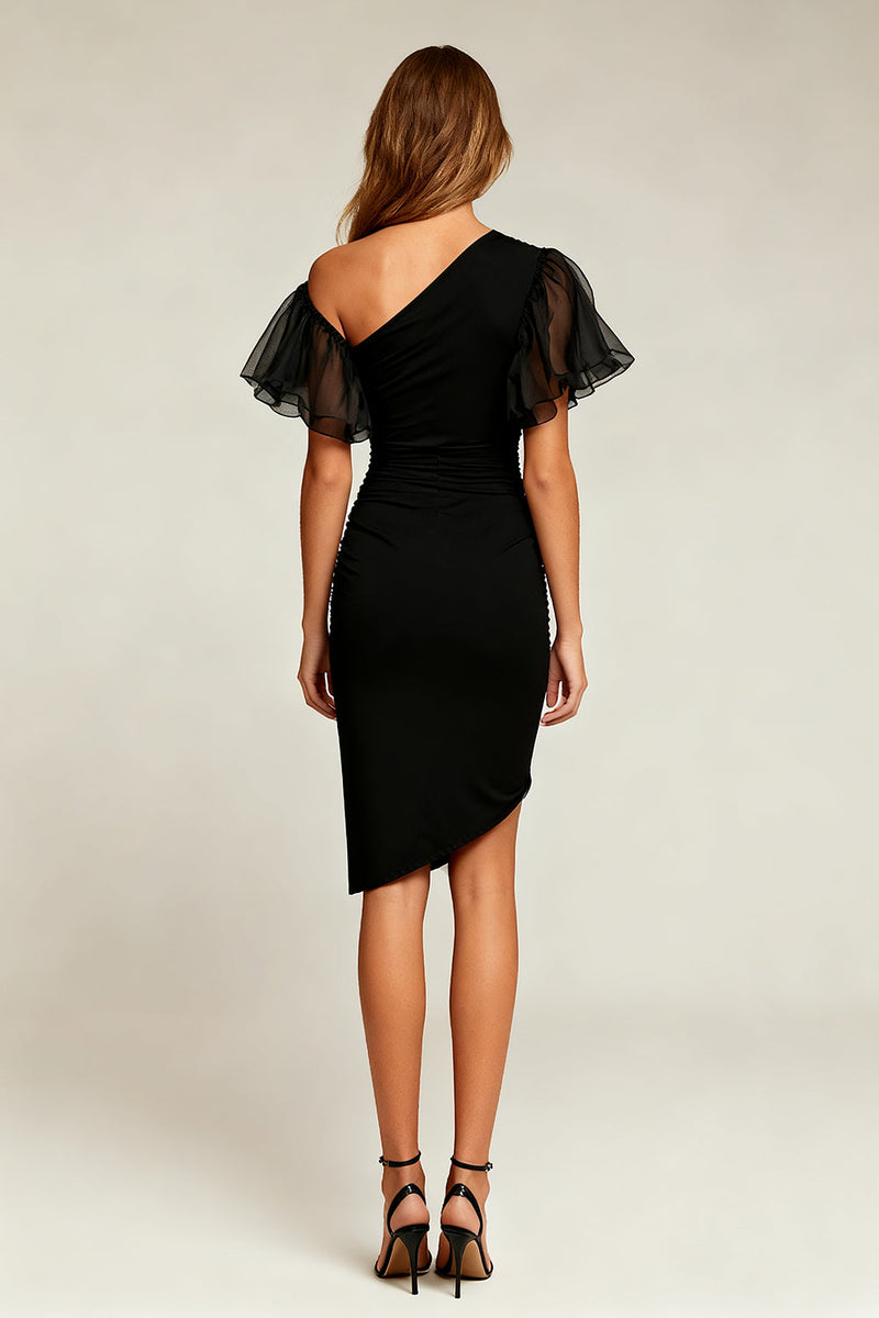 Load image into Gallery viewer, Black Tight Ruched Asymmetrical Short Cocktail Dress with Sleeves