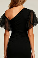 Load image into Gallery viewer, Black Tight Ruched Asymmetrical Short Cocktail Dress with Sleeves