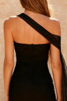 Load image into Gallery viewer, Simple Black Tight One Shoulder Short Cocktail Dress with Cape