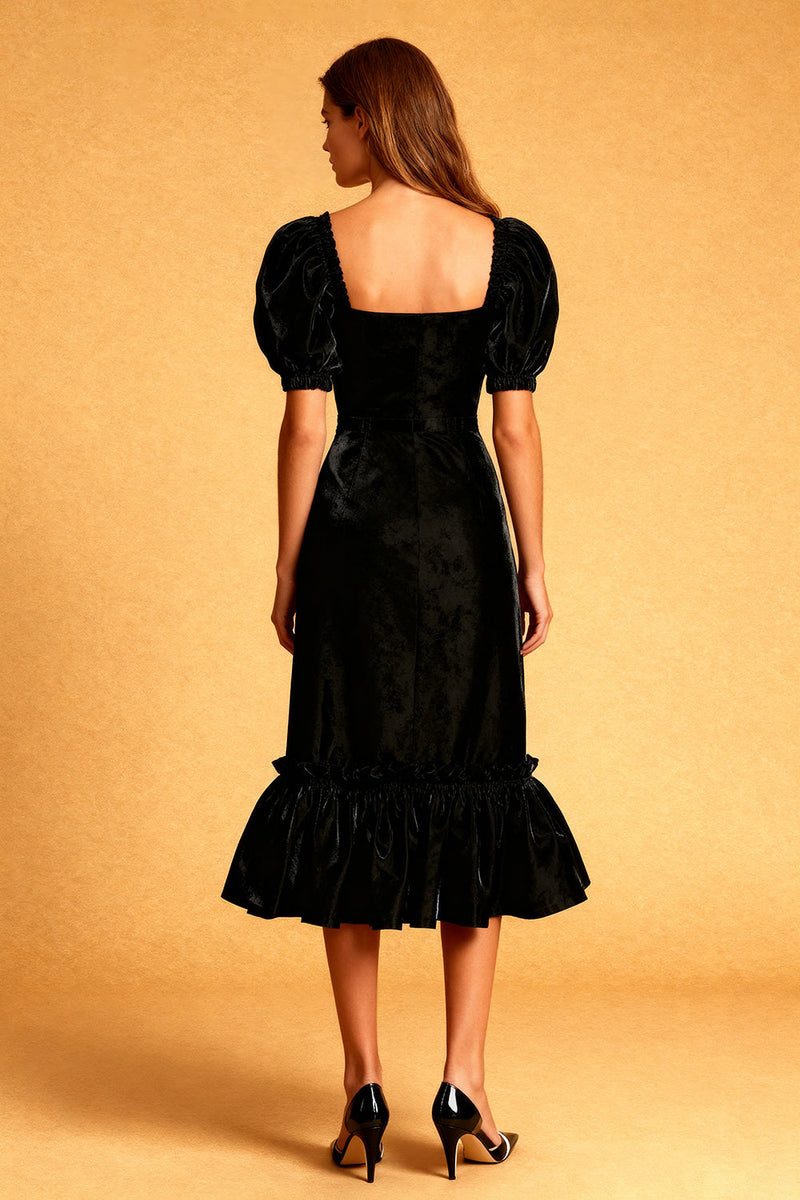 Load image into Gallery viewer, Black Sheath Velvet Square Neck Midi Cocktail Dress with Sleeves