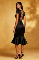 Load image into Gallery viewer, Black Satin Mermaid Round Neck Midi Cocktail Dress with Ruffles