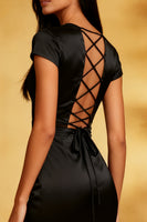 Load image into Gallery viewer, Black Satin Mermaid Round Neck Midi Cocktail Dress with Ruffles