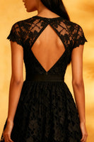 Load image into Gallery viewer, Black Lace A Line Backless Short Sleeves Midi Cocktail Dress