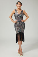 Load image into Gallery viewer, Sparkly Black Apricot Fringed Bodycon 1920s Flapper Dress with Beading