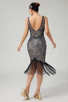 Sparkly Black Apricot Fringed Bodycon 1920s Flapper Dress with Beading