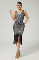 Load image into Gallery viewer, Sparkly Black Apricot Fringed Bodycon 1920s Flapper Dress with Beading