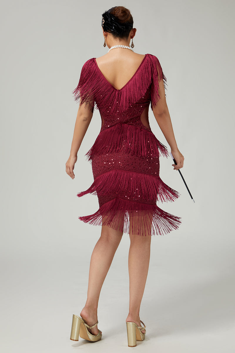 Load image into Gallery viewer, Sparkly Burgundy Fringed Bodycon 1920s Flapper Dress with Sequins