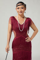 Load image into Gallery viewer, Sparkly Burgundy Fringed Bodycon 1920s Flapper Dress with Sequins