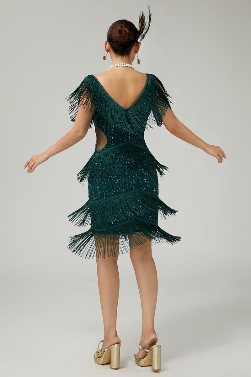 Load image into Gallery viewer, Sparkly Burgundy Fringed Bodycon 1920s Flapper Dress with Sequins