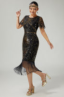 Load image into Gallery viewer, Sparkly Black Blue Beaded Sequins Flapper Dress with Fringes