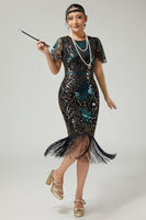 Load image into Gallery viewer, Sparkly Black Blue Beaded Sequins Flapper Dress with Fringes