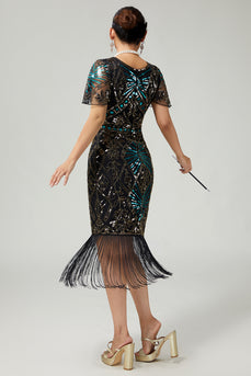 Sparkly Black Blue Beaded Sequins Flapper Dress with Fringes