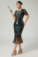 Load image into Gallery viewer, Sparkly Black Blue Beaded Sequins Flapper Dress with Fringes