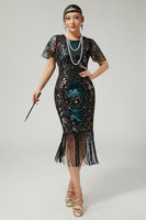 Load image into Gallery viewer, Sparkly Black Blue Beaded Sequins Flapper Dress with Fringes