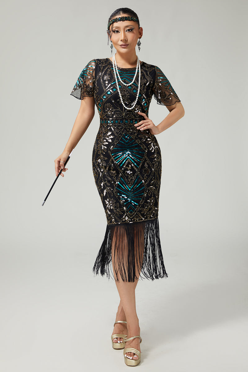 Load image into Gallery viewer, Sparkly Black Blue Beaded Sequins Flapper Dress with Fringes
