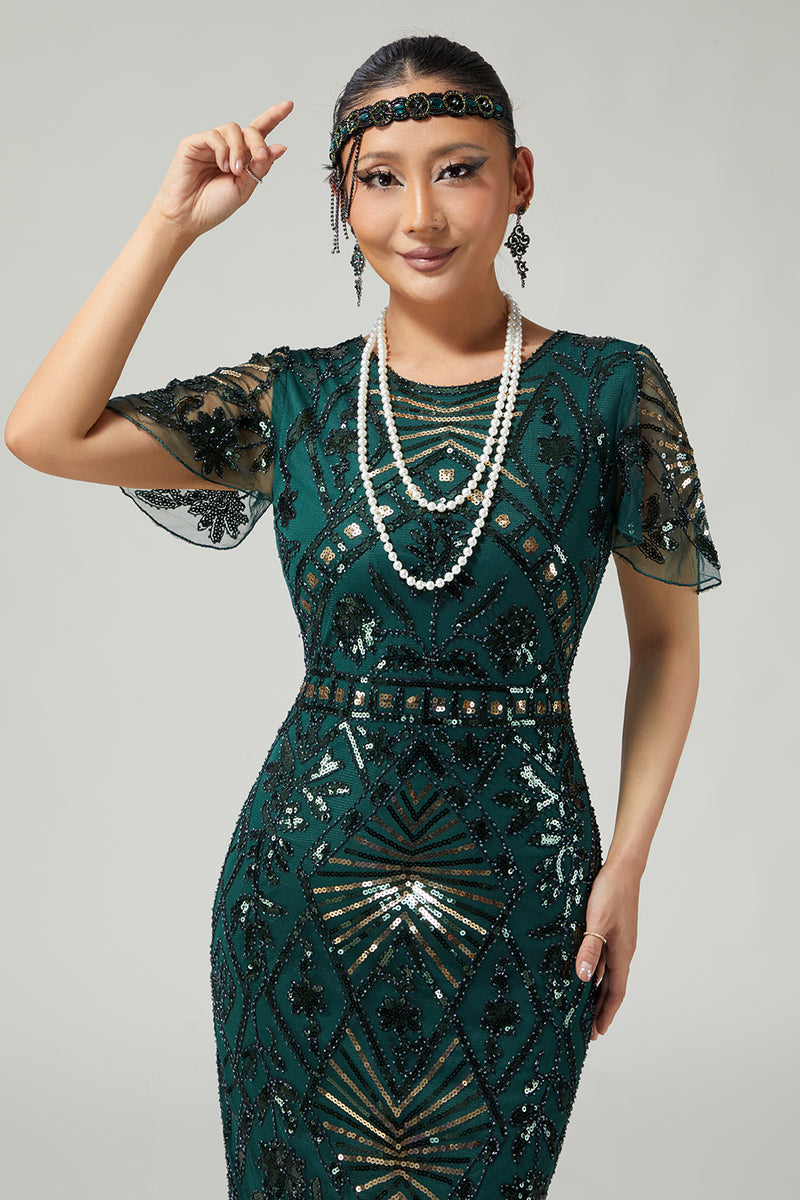 Load image into Gallery viewer, Sparkly Black Blue Beaded Sequins Flapper Dress with Fringes