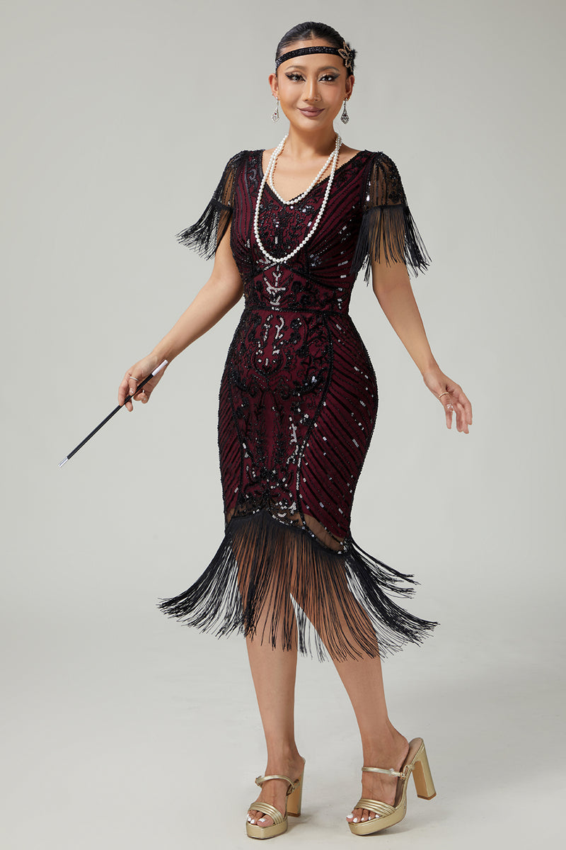 Load image into Gallery viewer, Sparkly Black Burgundy Sequins V-Neck Flapper Dress with Fringes